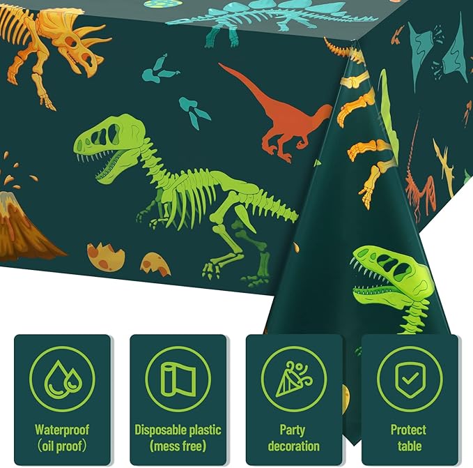 Tudomro 3 Pcs Dinosaur Plastic Party Tablecloth Dinosaur Birthday Table Cover Decorations Disposable Table Cover for Birthday Party Supplies, 54 x 108 Inch