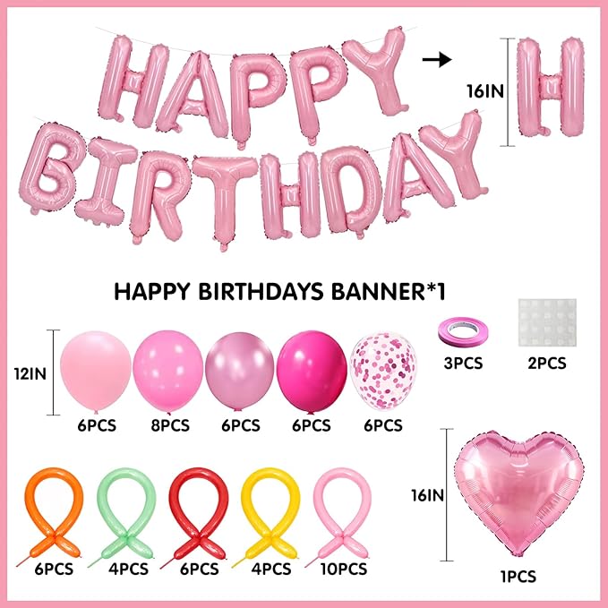 Pink Happy Birthday Banner Balloon Aluminum Foil 16in Letter, 12in Latex Balloons, 11.8in Long Balloons, 16in Love Heart Aluminum Foil Balloon, Men, Women, Party Decoration Supplies (Pink)