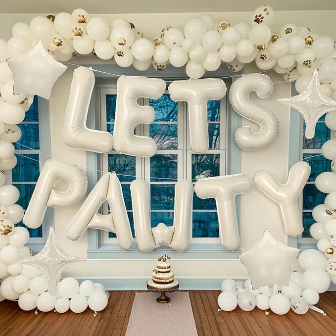 Lets Pawty Balloons Banner 16 Inch,Beige Dog Birthday Decorations with 4pcs 10 Inch Star Balloons,Paw Foil Letter Balloon for Dogs Paw Pet Puppy Theme Party Supplies
