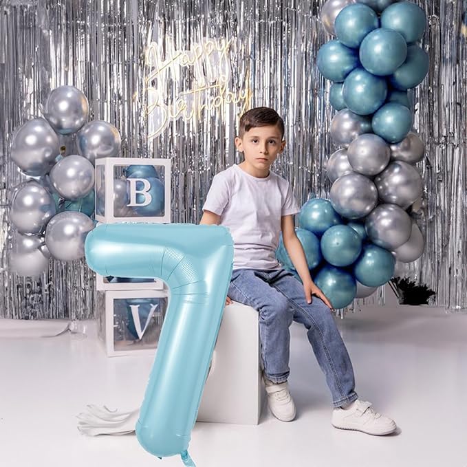 40 Inch 7th Birthday Number Balloon, Baby Blue Foil Giant Self Inflating 7 Balloons, Mylar Light Sky Blue Helium Number 7 Balloons for Boys Kids Birthday Party Decor Anniversary Decorations Supplies