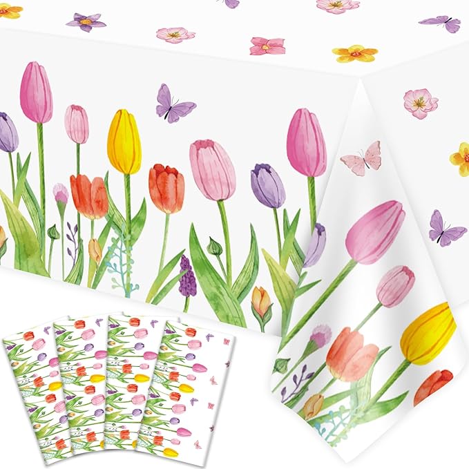 4 Pack Spring Summer Lavender Tulip Tablecloth Blooming Floral Table Cloth Wild Flower Tablecloth Watercolor Party Table Cover Easter Picnic Spring Summer Party Decorations 51 x 86 Inch