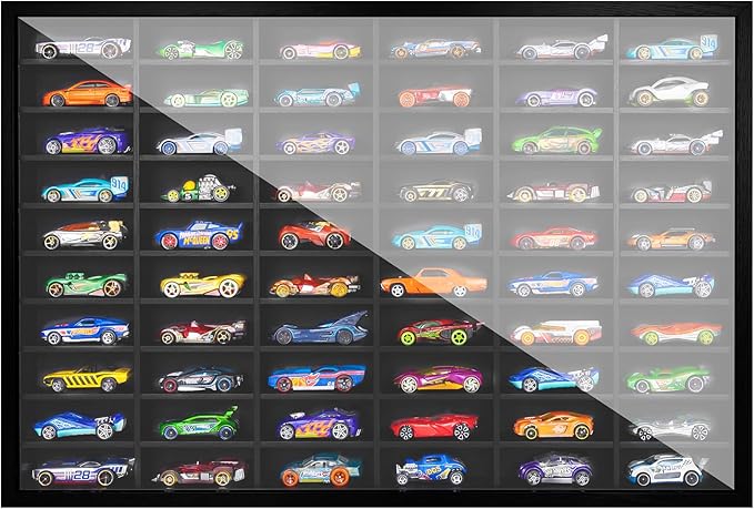 SIXPOINTS Diecast Model Car Display Case ,1/64 Scale Hot Wheels, Matchbox Toy Cars Organizer Storage Cabinet Wall Mount with Acrylic Glass Door, Stores up to 60 Cars