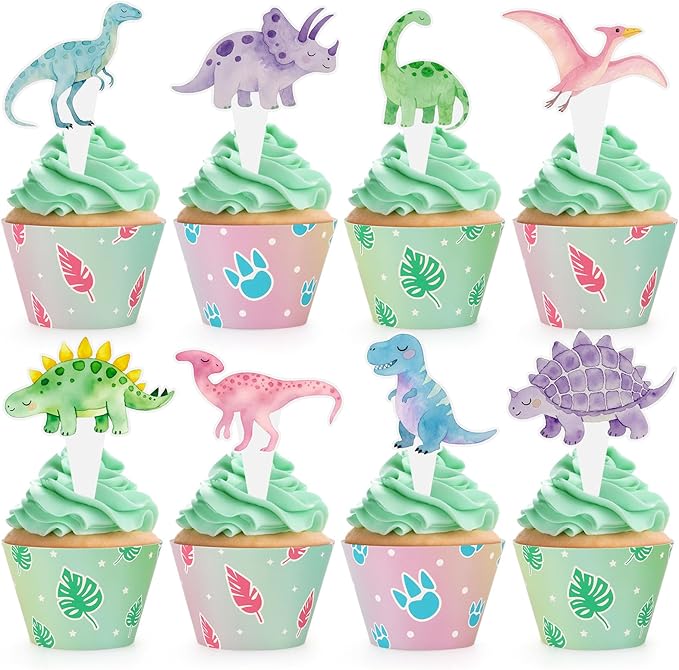 48 Pack Watercolor Dinosaur Cupcake Toppers and Wrappers, Colorful Dinosaur Party Cake Decoration for Dino Theme Birthday Party Baby Shower Supplies
