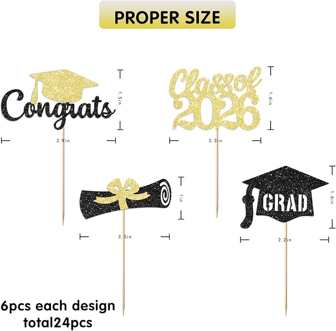 Black and Gold Graduation Cupcake Toppers Decorations Class of 2026 Cupcake Topper Graduation Cup Cake Picks Congrats Grad Party Decor Supplies Set of 24