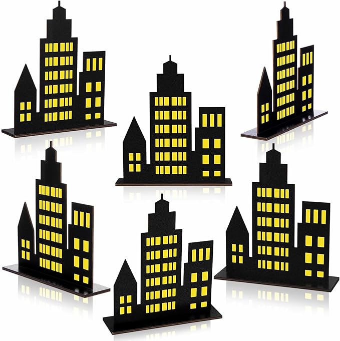 Geelin 6 Pcs Skyscraper Party Decorations Hero Party Decorations New York City Wood NYC Centerpieces City Skyline Building Decor for Comic Birthday Favors Supplies(Solid Style,Black, Yellow)