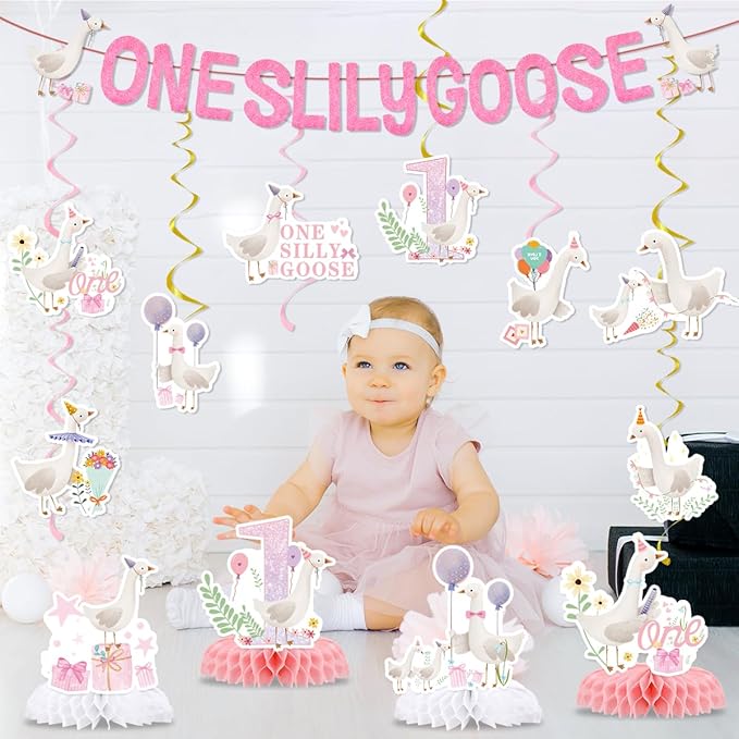 One Silly Goose Birthday Decorations Include One Silly Goose Glitter Banners Hanging Swirls Honeycomb Centerpieces Pink Silly Goose Birthday Baby Shower Theme Party Supplies for Boys Girls