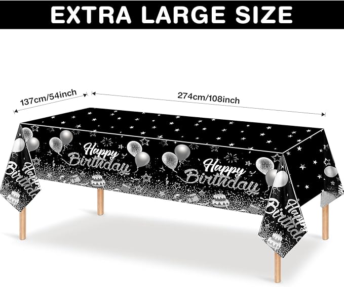 Breling Birthday Party Supplies Confetti Sprinkles Happy Birthday Tablecloths Starry Table Covers for Party Decorations, 54 x 108 Inches(Black and Silver,3 Pack)