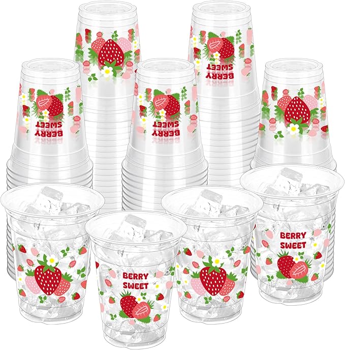 100 Pcs Strawberry Plastic Disposable Party Cups, 12 oz Pink and Red Strawberry Designs for Summer Spring Party, Birthday, Baby Shower Supplies