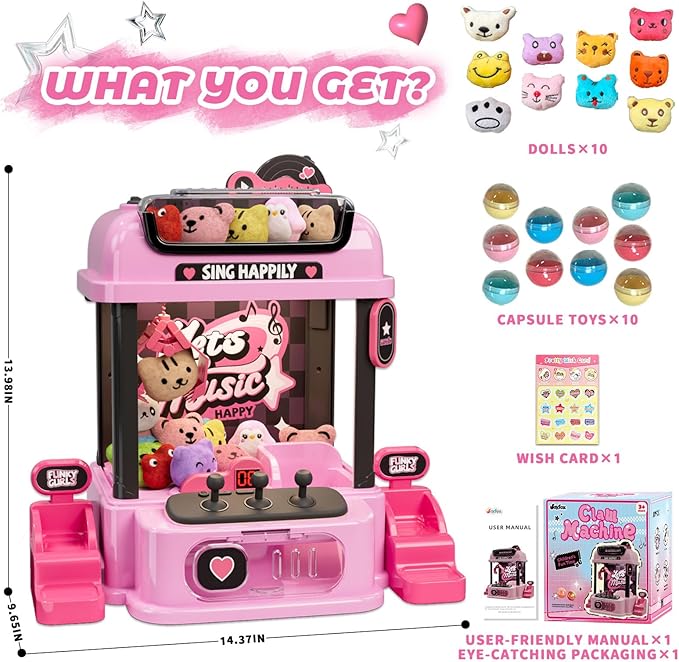 Claw Machine for Kids with Remote Control, Y2K Toy for Girls Age 3+, Girl's Birthday Gifts with Plush Toy and Capsules, Kawaii Room Decor for Teens, Girl Age 3 4 5 6 7 8 9 10 11 12