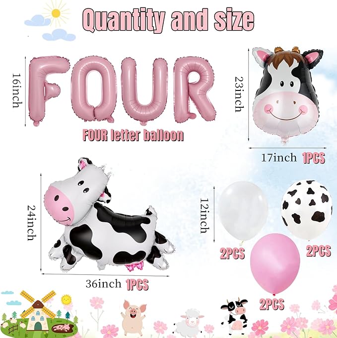 20 PCS Farm Animal Theme Party Balloons, Farm Cow Print Sheep Pig Donkey Mylar Foil Balloons Baby Shower Boy Girl 4th Birthday Party Decor Supplies (4th)