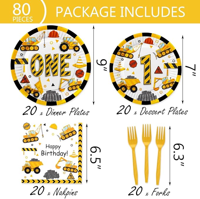 118 Pcs Construction 1st Birthday Party Decor Dump Truck One Years Old Disposable Paper Plates Napkins Forks Cups Tablecloth Banner Dinnerware for Im Digging Being 1 Bday Baby Shower Party Supplies