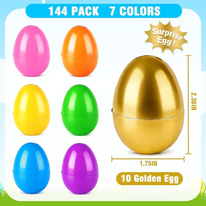 144 PCS Bulk Easter Plastic Eggs for Egg Hunt, Empty Fillable 2.36" 134 PCS Colorful Eggs with 10 PCS Golden Eggs for Basket Essentials Stuffers, Easter Party Favors Supplies Decorations