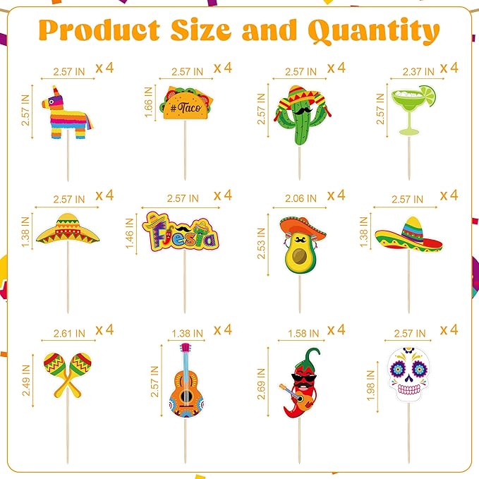 48 PCS Cinco De Mayo Cupcake Toppers, 12 Style Mexican Party Decorations, Chili Cactus Sombrero Printing Design Fiesta Cake Toppers Cupcake Picks, Cinco De Mayo Decor for Mexican Party