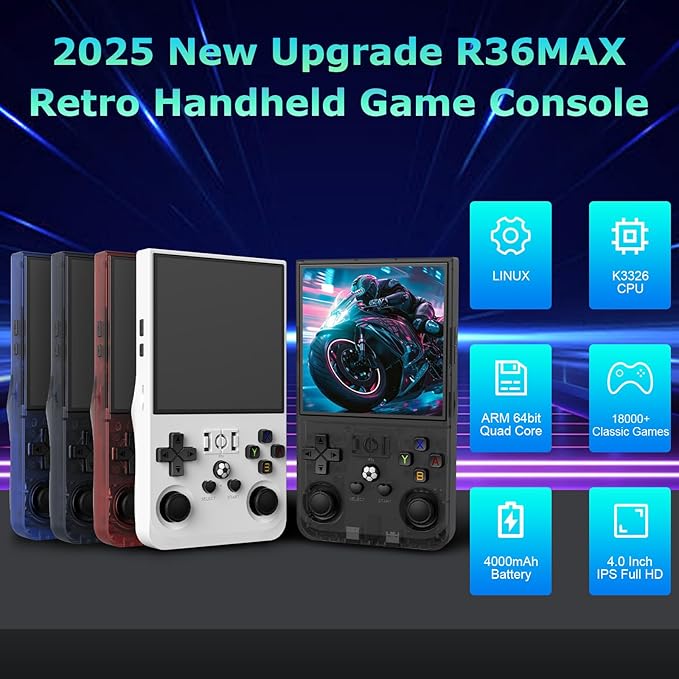 R36MAX Handheld Game Console, Built-in 4000mAh Battery, 4K HD 4" IPS Glass Screen, Supports 18000+ Classic Games, Linux-Based Retro Gaming Console (Blue)