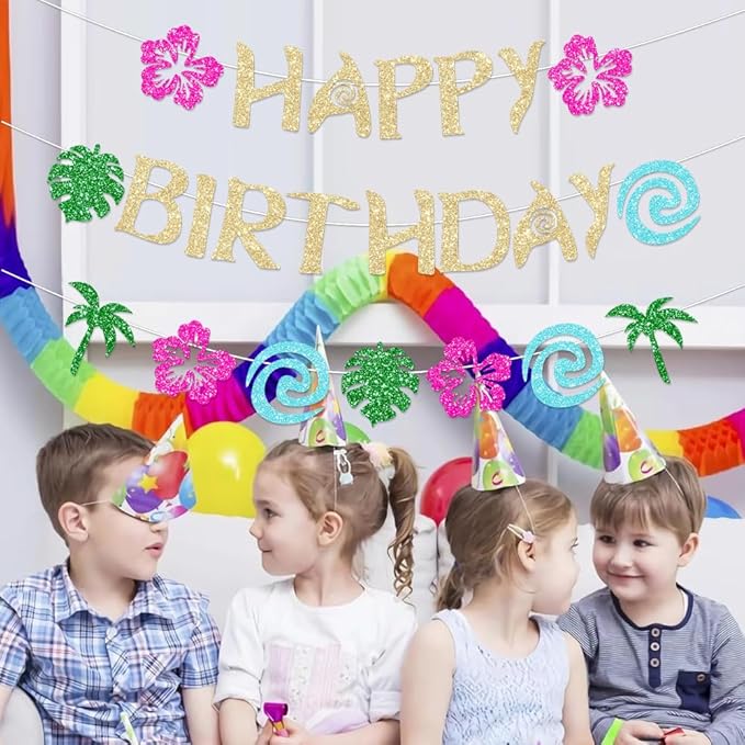 Hawaiian Moana Birthday Banner Party Decoration Glittery Gold for Happy Birthday Tropical Luau Summer Baby Shower Decor