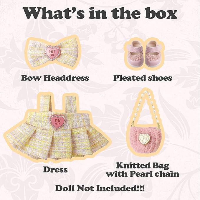 Clothes Compatible with LABUBU – Blue & White Tweed Dress with Bow, Bracelet & Shoes | 4PCS Couture-Inspired Outfit for 8-Inch Dolls (Blush Tweed Belle)