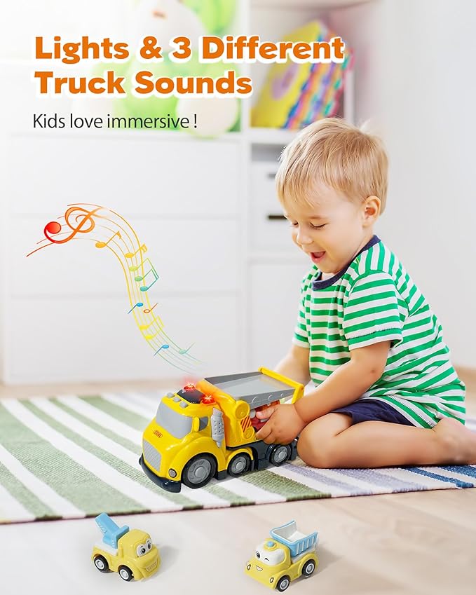 Construction Car Carrier Toys Set for 3 4 5 6 Years Old Toddlers Boys & Girls Gift, 4 Small Cartoon Cute Cars Trucks Crane Mixer Excavator Dump, Sound and Light Big Truck with Slide, 7.6*3.5*4.1 INCH