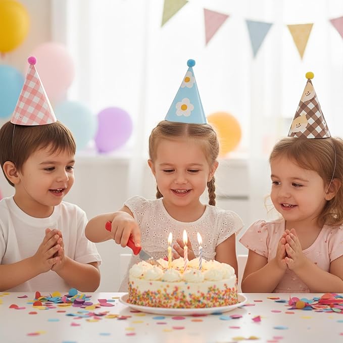 Olen Party Hats for Kids Birthday, 11 Pack Birthday Hats with Pom Poms, Paper Cone Caps for Stuffed Animals, Party Crown Caps Set, Small Celebration Accessories for Girls Boys Toddlers