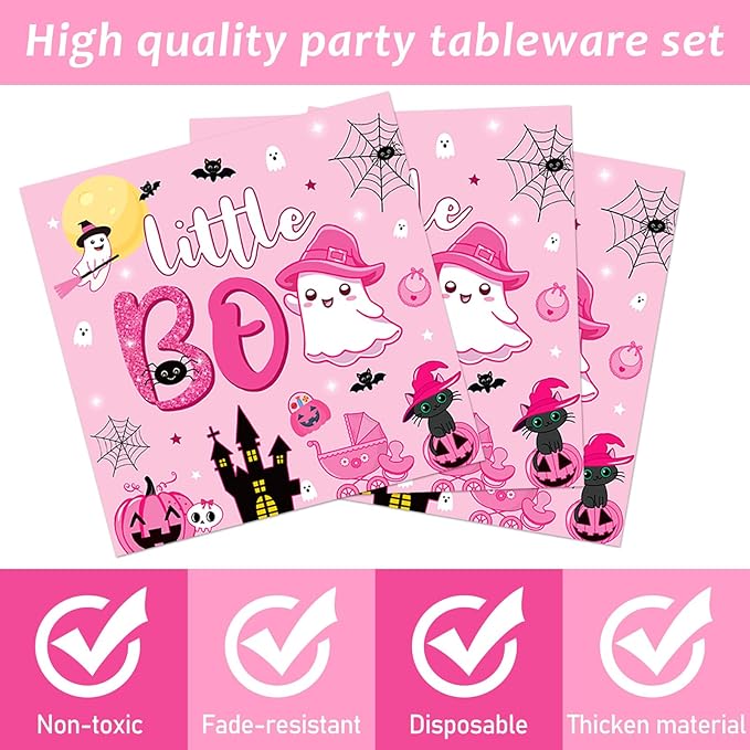 ZOIIWA 96PCS Halloween Little Boo Baby Shower Party Tableware Set for Girls Ghost Party Supplies for 24 Guests Disposable Pink and Black Boo Dinnerware Plates Napkins Forks for Halloween Party Favors
