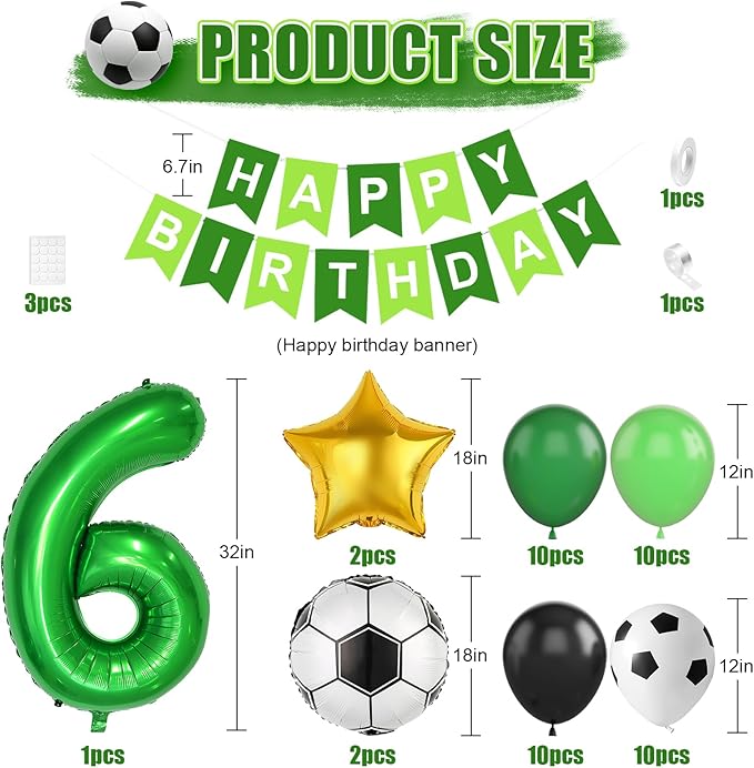 Soccer Birthday Party Decorations for Boys, 6th Soccer Party Decoration with Green Black White Balloons 'HAPPY BIRTHDAY' Banner Cake Toppers 32in Foil 6 Balloon for Boys Men Birthday Decor
