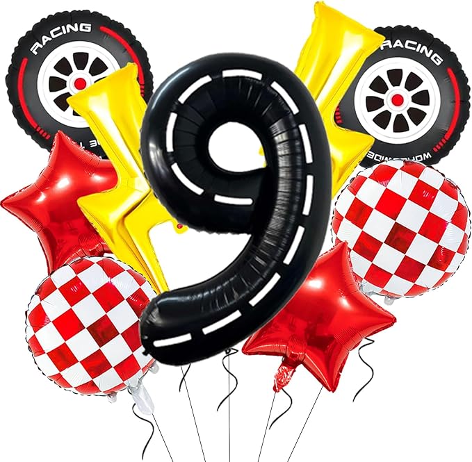 Race Car Birthday Party Decorations Large Lightning Bolt Foil Balloons Race Car Balloons 40 Inch Racetrack Number 9 Balloon for Boys 9th Race Car Birthday Party Decor Supplies