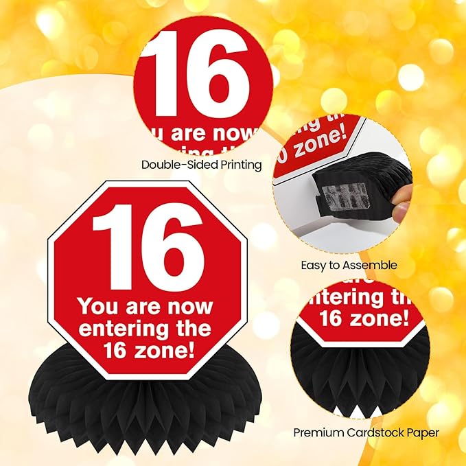 Funny 16th Birthday Decorations 9Pcs 16th Birthday Honeycomb Centerpieces for Sweet 16 Years Old Party Decor, Driver License Party Banner Caution Logos Sign Table Topper for Boys Girls