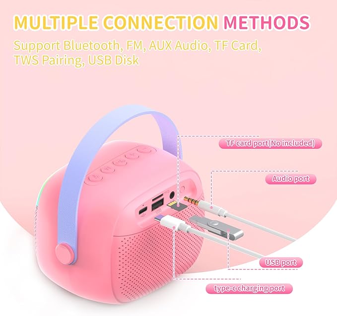 Mini Karaoke Machine with 2 Wireless Microphones for Kids Portable RGB Bluetooth Speaker Birthday Gift Toys for 3 4 5 6 7 8+ Year Old Girls Boys