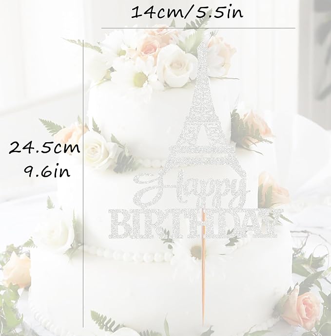 Eiffel Rower Birthday Cake Topper - Silver Glitter Eiffel Rower Theme Birthday Party Cake Decoration Supply - Boy or Girl Architecture Theme Party Cake Decor Photo Prop
