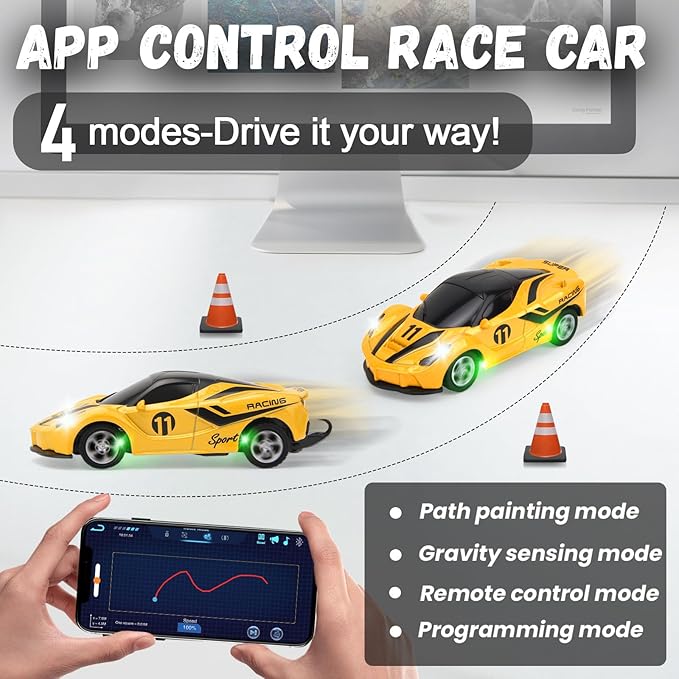 SASBSC 1/64 Mini Rc Car Toys for Boys Age 4-7 8-12, 2.4GHz Small App & Remote Control Cars with 3 Speed Modes for Kids Adults Rechargeable Desktop Toy Race Sports Car Gifts for Birthday (Yellow)