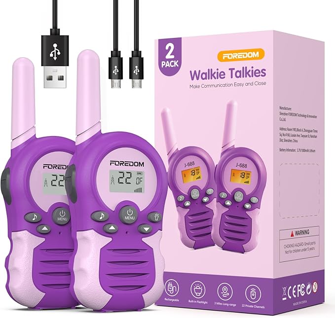 FOREDOM Rechargeable Walkie Talkies for Kids Walkie Talkies Long Range for Boy & Girl Age 3 to 12 Year Old Birthday Toys - 2 Pack