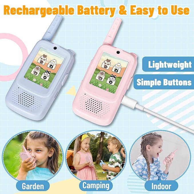 Video Walkie Talkies for Kids, 2 Pack Rechargeable Walkie Talkies with HD Camera, Photo & Voice Changer, Long Range, Indoor & Outdoor Play, Interactive Toys Birthday Gifts for Boys Girls Ages 3-12