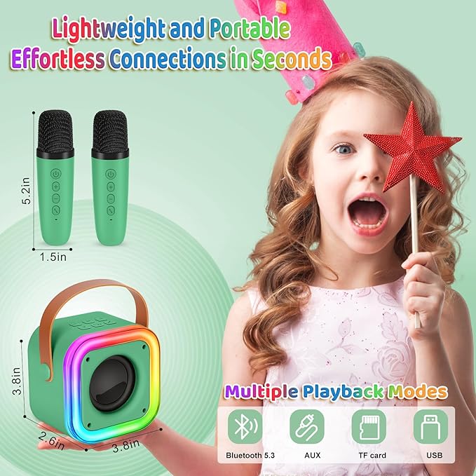 Mini Karaoke Machine for Kids, Girl Toys Gifts, Kids Karaoke Wireless Microphone for 4,5,6,7,8,9,10,11,12 Years Old Boys and Girls Christmas Party Gifts Toys (Dark Green)