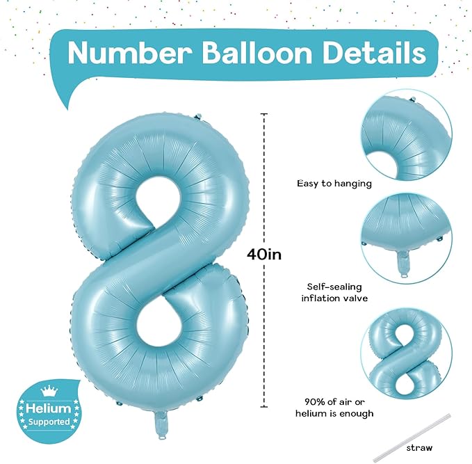 8th Birthday Number Balloons for Kids, 40 Inch Foil Number 8 Balloons Baby Pastel Blue, Helium Large Self Inflating Mylar 8 Balloons for Boys 8th Birthday Party Decor Anniversary Decoration Supplies