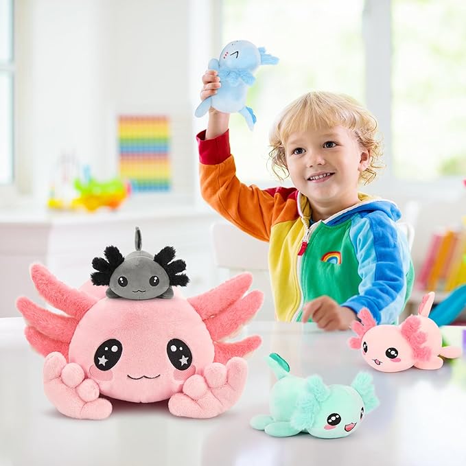 MaoGoLan 5 Pcs Axolotl Plush with 4 Babies Inside Belly, Glow in The Dark Stuffed Animals Pink Axolotl Toys Cute Kawaii Stuffy Salamander Pillow for Girls Kids Gift Valentine's Day Christmas