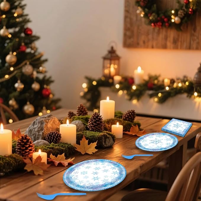 96 Pieces Snowflake Winter Tableware Set – Blue Disposable Plates, Napkins, and Forks for Frozen Birthday Parties, Christmas Dinners, Holiday Gatherings, and Winter Celebrations – Serves 24 Guests