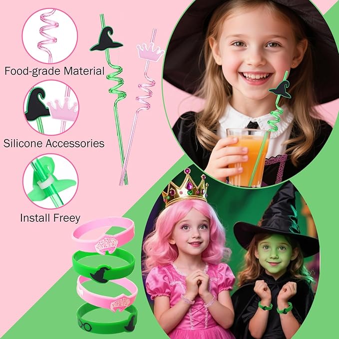 Pink and Green Party Favor Decorations 70Pcs Bubbles Notebooks Stamps Broom Pencils Plastic Straws Goodie Bags Wristbands for Birthday Theme Decor Gift Supplies