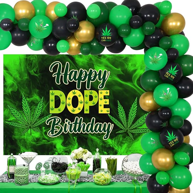 Sursurprise Weed Birthday Party Decorations for Adults, Marijuana Balloon Garland Arch Kit with Happy Dope Birthday Backdrop for Men or Women 420 Pot Leaf Bday Party Supplies