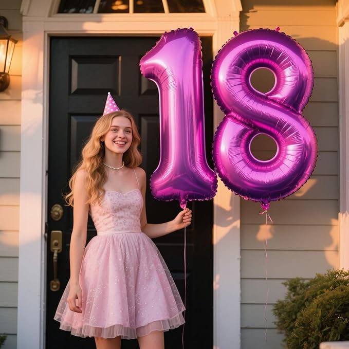 40 Inch Large 18 Balloon Numbers Rose Purple Big Foil Number Balloons Giant Helium Happy Birthday Party Decorations for Man and Women, Huge Mylar Anniversary Party Supplies