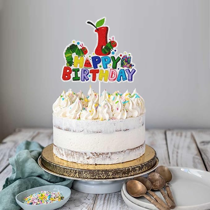 Hungry Caterpillar Happy 1st Birthday Cake Topper,Reading Story Theme 1st Birthday Cake Decor,Fairy tales Theme First Birthday Party Decorations for Boys Girls
