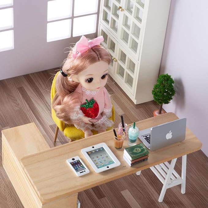 12Pcs Dollhouse Miniature Laptop Computer Tablet Phone Lamp Book Glasses Coffee Headset Simulation Accessories 1/12 1/6 Toy Pad Play Set Fits Barbie Doll Girl Mini Drink Party Office (Bule)