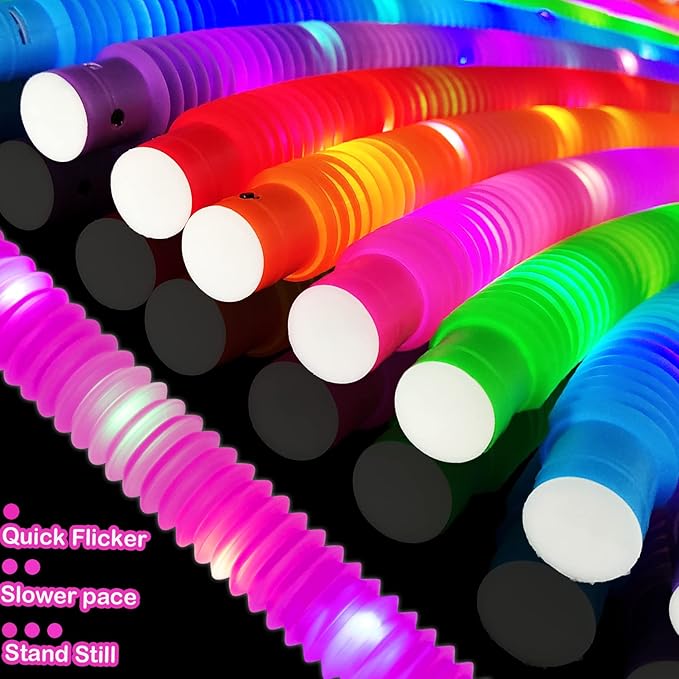 Easter Basket Stuffers for Toddlers-6 PCS Light Up Pop Tube Toys Gifts for Kids,LED Glow Stick Bracelet Necklace Party Accessories,Fun Outdoor Camping Essentials Games Activities for Boys Girls