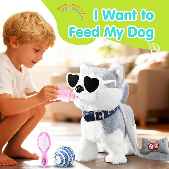 Husky Walking Dog Barking Toy, Musical Singing Dancing Volume Control Interactive Puppy Walk Along with Leash, Wagging Tail Shaking Head, Robot Plush Stuffed Animal Puppy for Kid