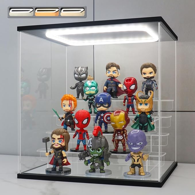 Clear Acrylic Display Case with Light 5 Tier Display Storage Box Assembly Dustproof Showcase for Collectibles Action Figures(Black, 12.0*10.8*12.5inch)