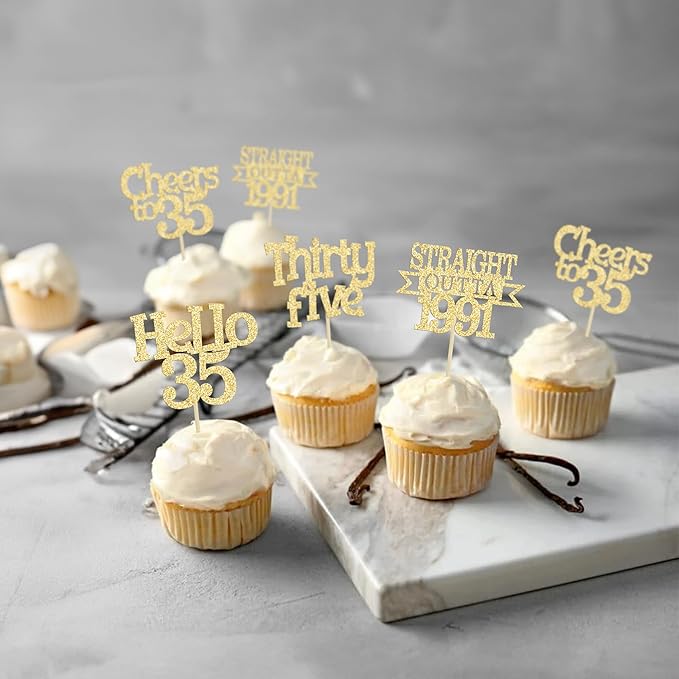 Ephlyn 24Pcs Happy 35th Birthday Cupcake Toppers Gold Thirty Five Cupcake Picks Hello 35 Cheers to 35 Years Birthday Cake Decorations for 35th Birthday Anniversary Party Decor Supplies