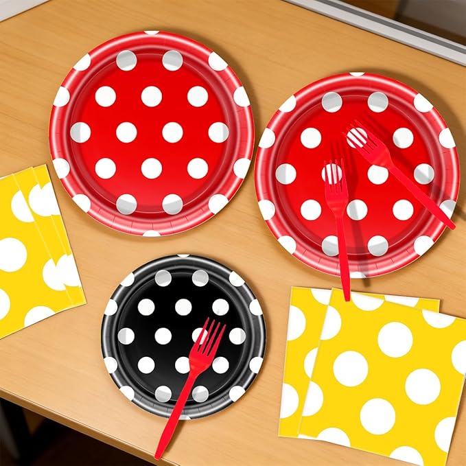 Red And Yellow Polka Dots Party Paper Plates and Napkins Set Polka Dots Party Cake Dessert Plates Kids Birthday Gatherings Decorations