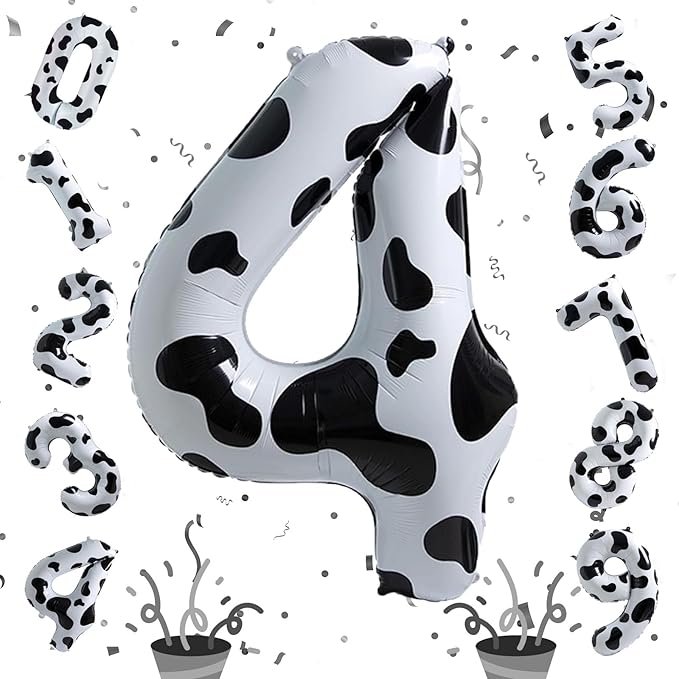 40 Inch Cow Print 4 Balloons Number for Kids, Big Self Inflating Foil Number Balloons for Girls Boys 4th Birthday Party Farm Animal Theme Baby Shower Cowboy Cowgirl Theme Party Decorations Supplies