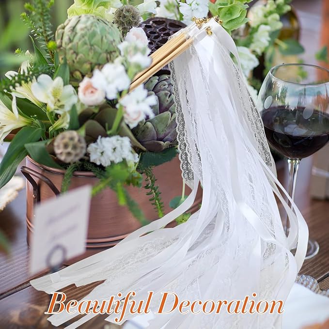 50Pcs Ribbon Sticks Wands Streamers with Bells Silk Lace Fairy Stick Party Ribbon Streamers for Wedding Party, Birthday and Holiday Activities-White