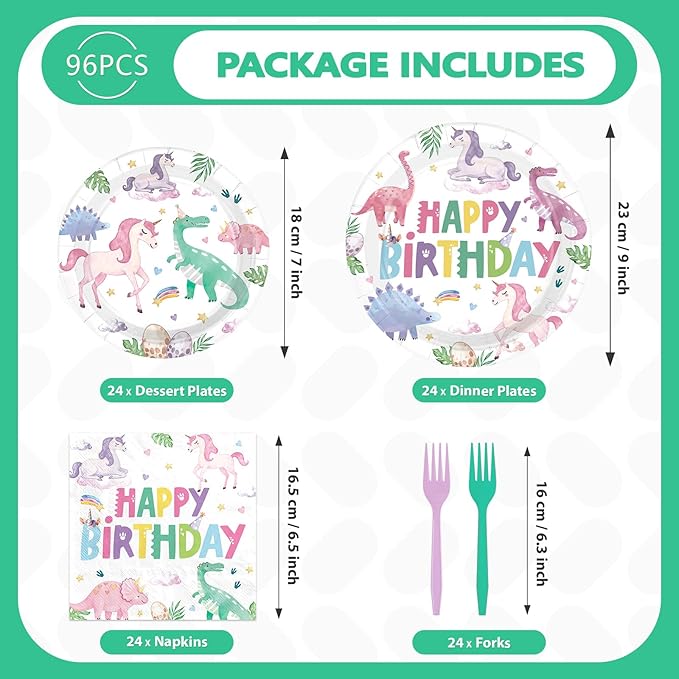96Pcs Dinosaur Unicorn Birthday Party Decorations Dinosaur Unicorn Birthday Plates and Napkins Set Rainbow Dino Decoration for Girls Princess Magical Pastel Pink Rainbow Bday Party Supplies Serves 24