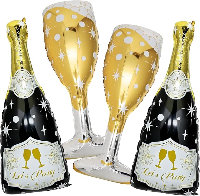 4 Pcs Champagne Balloons, Huge Black Gold Champagne Bottle Goblet Aluminum Foil Balloons for Birthday, Bachelorette, Graduation, Anniversary, 2026 New Years Eve Party Decorations Supplies