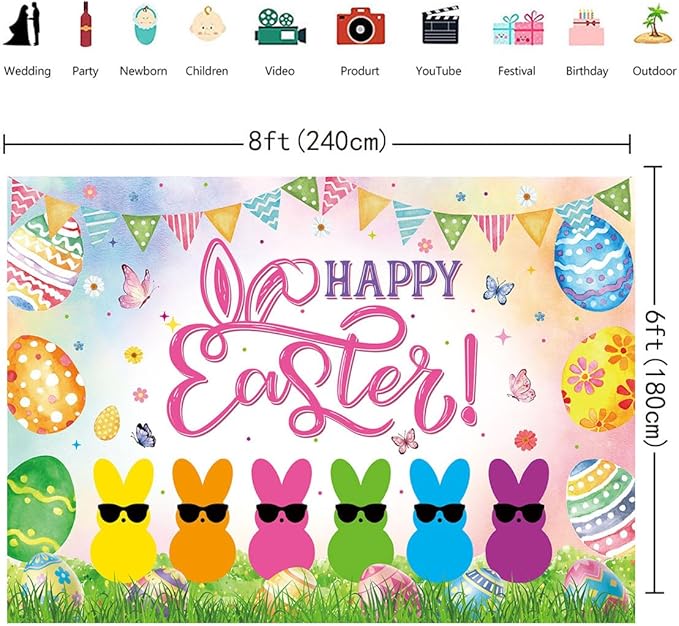 Happy Easter Peeps Banner Backdrop 8x6FT Spring Colorful Eggs Bunny Peeps Photography Background Kids Easter Party Decorations Supplies Photo Props